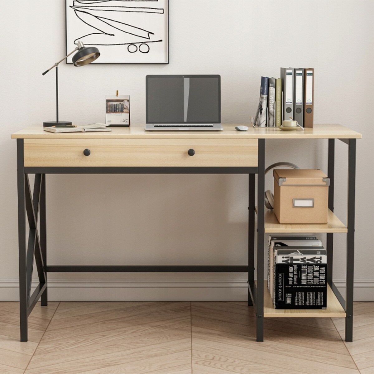 Biurko Komputerowe Loft Industrialne Szuflada Półki Jasny Dąb Skandynawski