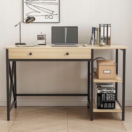 Biurko Komputerowe Loft Industrialne Szuflada Półki Jasny Dąb Skandynawski