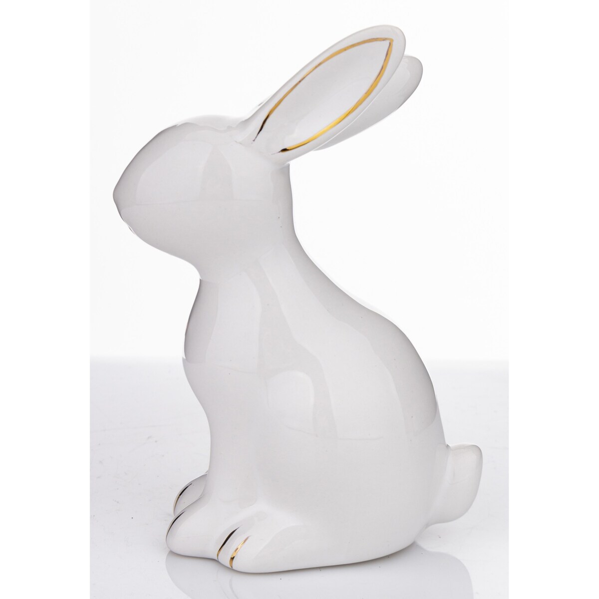 Dekoracja - siedzący biały królik 13x5,5x9 cm z pozłacanymi uszkami