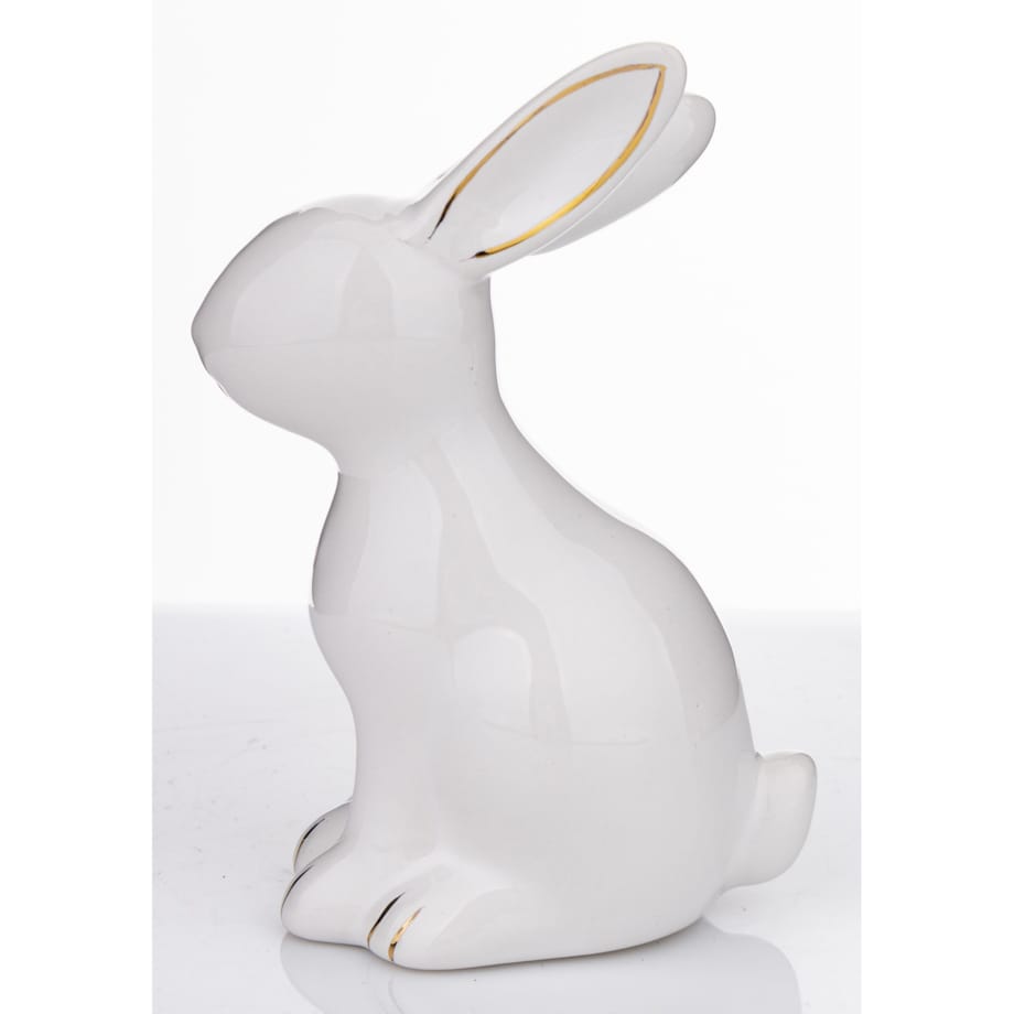 Dekoracja - siedzący biały królik 13x5,5x9 cm z pozłacanymi uszkami