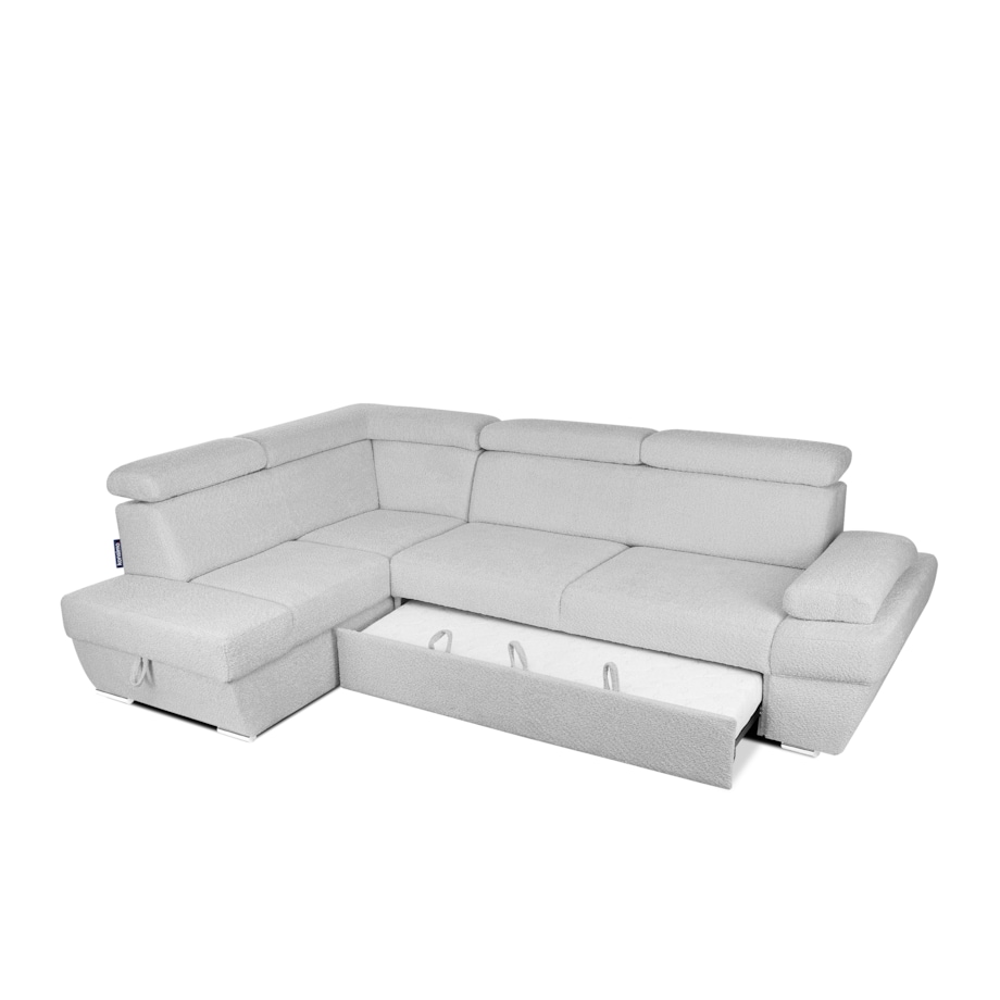 KONSIMO RATLO Narożnik rozkładany jagnięcy z pojemnikiem na pościel, szary po lewej stronie