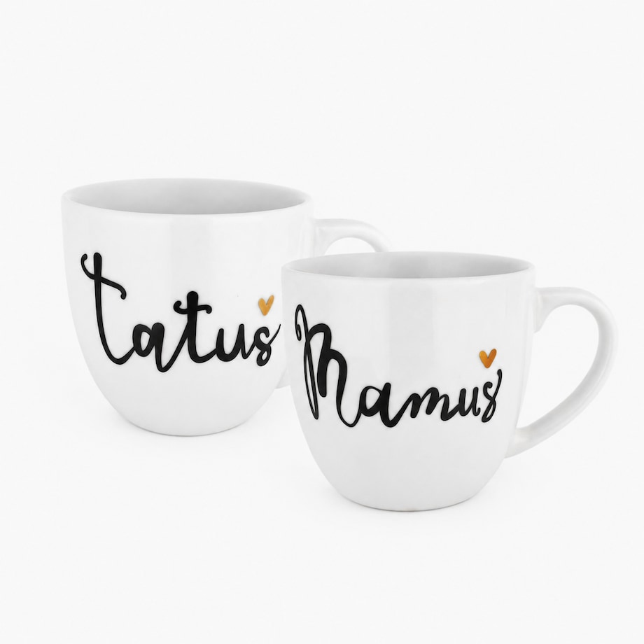 Zestaw 2 białych kubków porcelanowych 300 ml - napis mamuś tatuś i złote serce na dzień matki dla rodziców