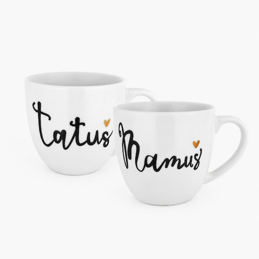 Zestaw 2 białych kubków porcelanowych 300 ml - napis mamuś tatuś i złote serce na dzień matki dla rodziców