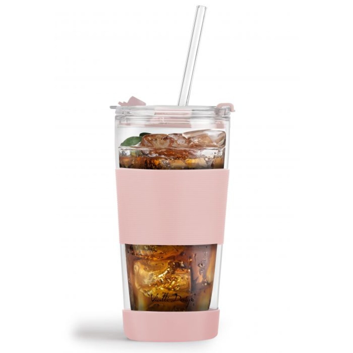 Kubek termiczny szklany ze słomką 600 ml różowy Fuori 30411