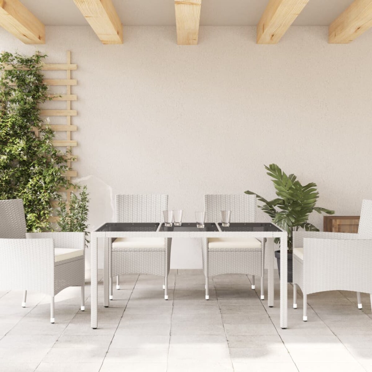 vidaXL Stół ogrodowy ze szklanym blatem, biały, 150x90x75 cm rattan PE