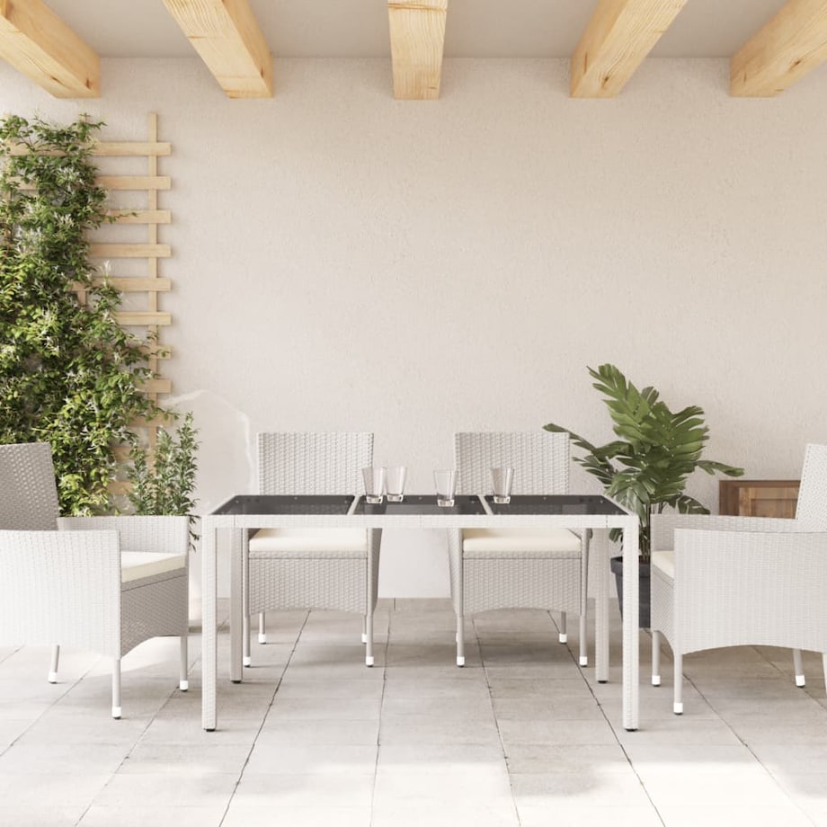 vidaXL Stół ogrodowy ze szklanym blatem, biały, 150x90x75 cm rattan PE