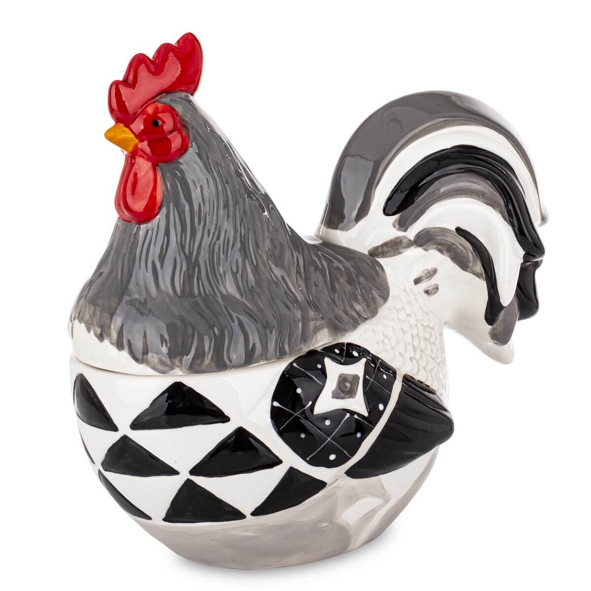 Dekoracja - czarno-biały KOGUT z przykrywką 26x26,5x14,5 cm