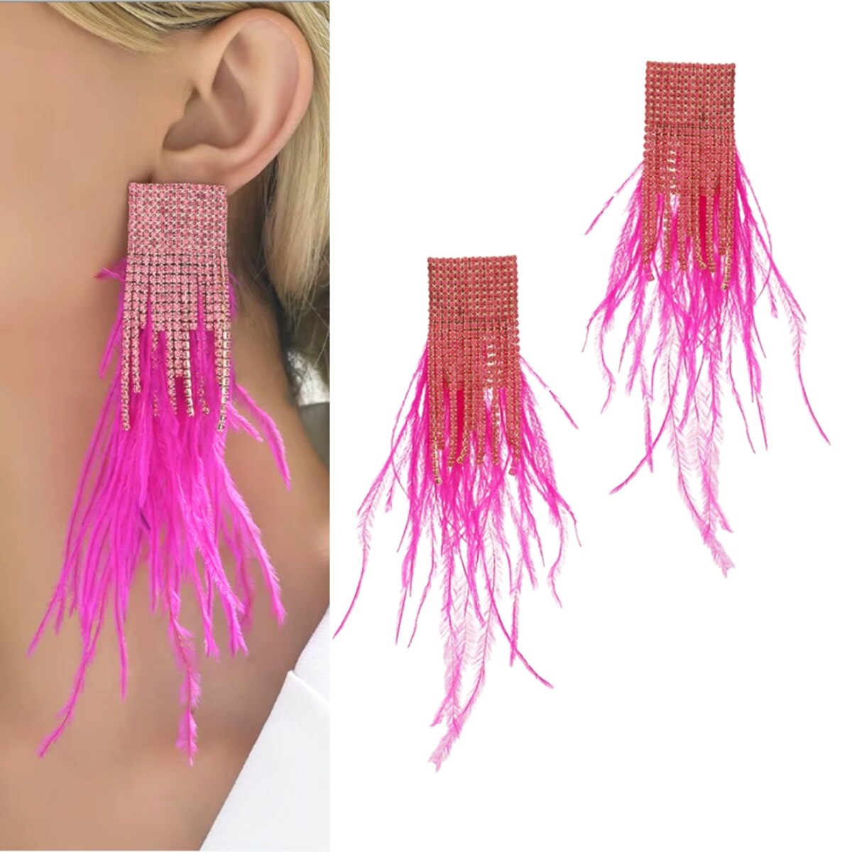 Długie kolczyki wiszące złote fuksja z piórami i cyrkoniami nitki wiszące