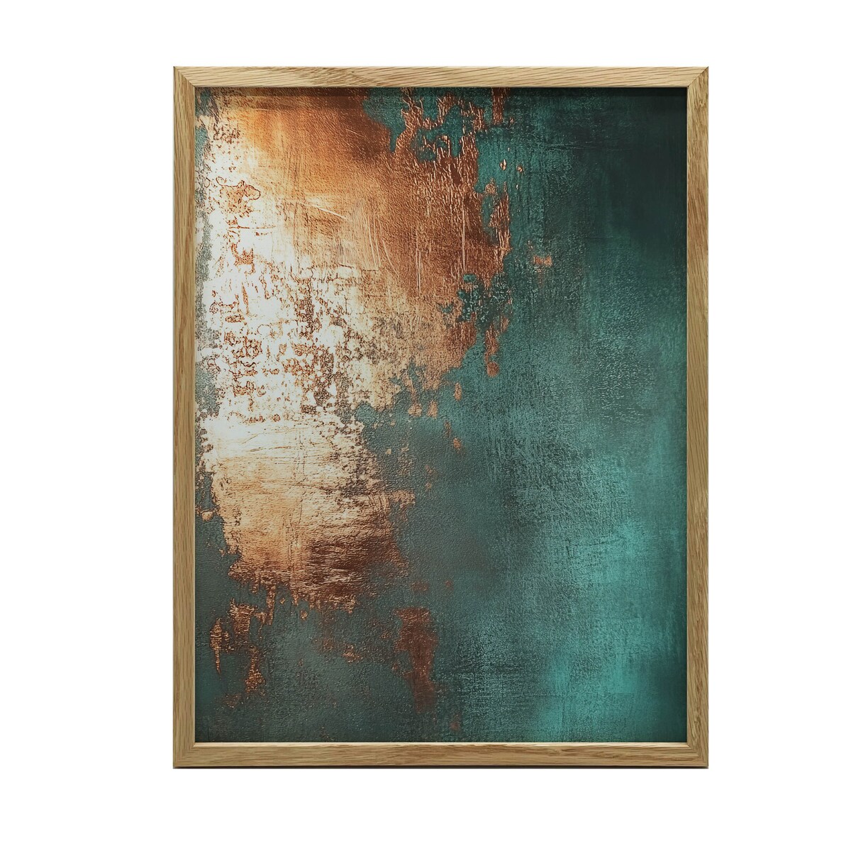Miedziowy Akcent w Turkusie, 30x40 cm, rama drewniana jasny dąb, papier matowy 230 gsm