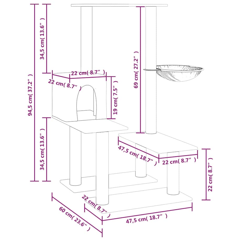 vidaXL Drapak dla kota z sizalowymi słupkami, kremowy, 94,5 cm