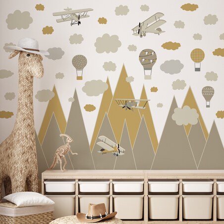NAKLEJKI NA ŚCIANĘ DLA DZIECI BRĄZOWE GÓRY BALONY SAMOLOTY VINTAGE ZESTAW
