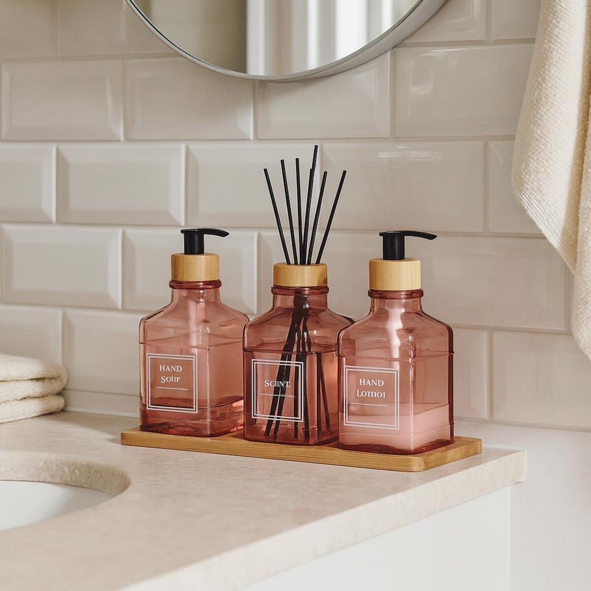 Zestaw łazienkowy ze szklanym dyfuzorem i tacą bambusową REN