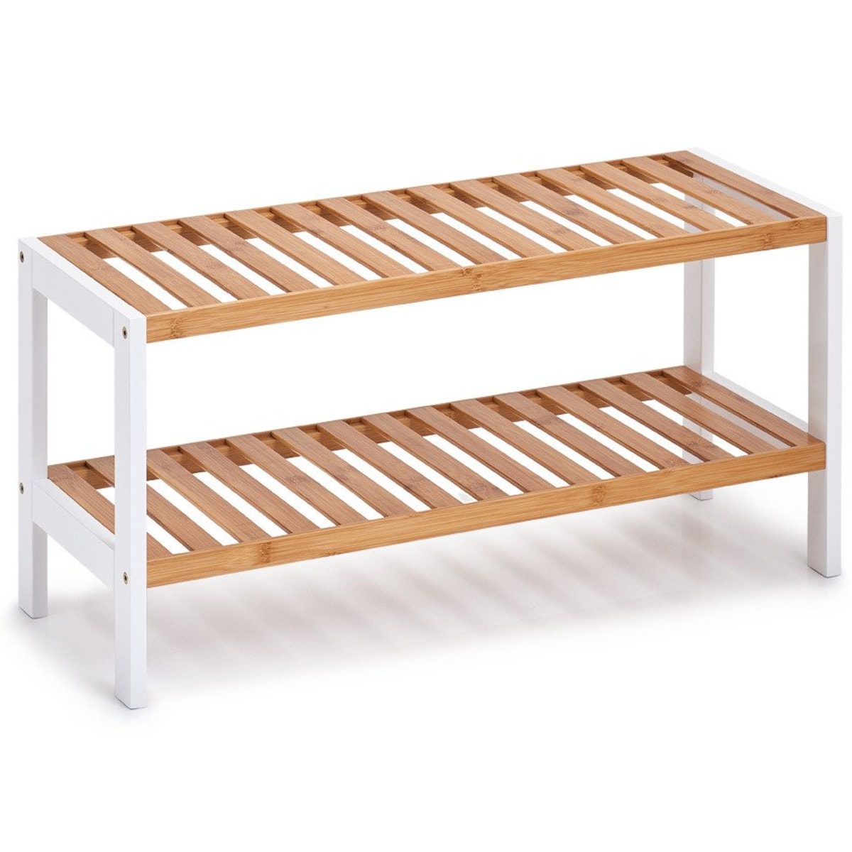 Stojak na buty, półka z bambusa i metalu, kompaktowa szafka na buty.