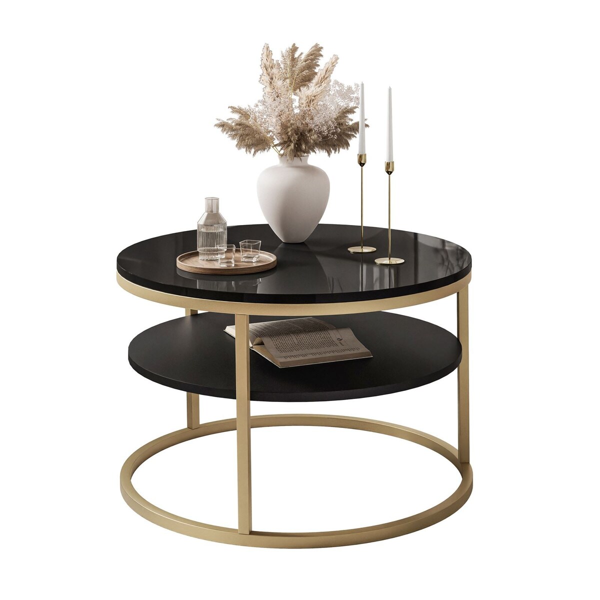Stolik kawowy CIRI SLIM z półką złoty czarny połysk