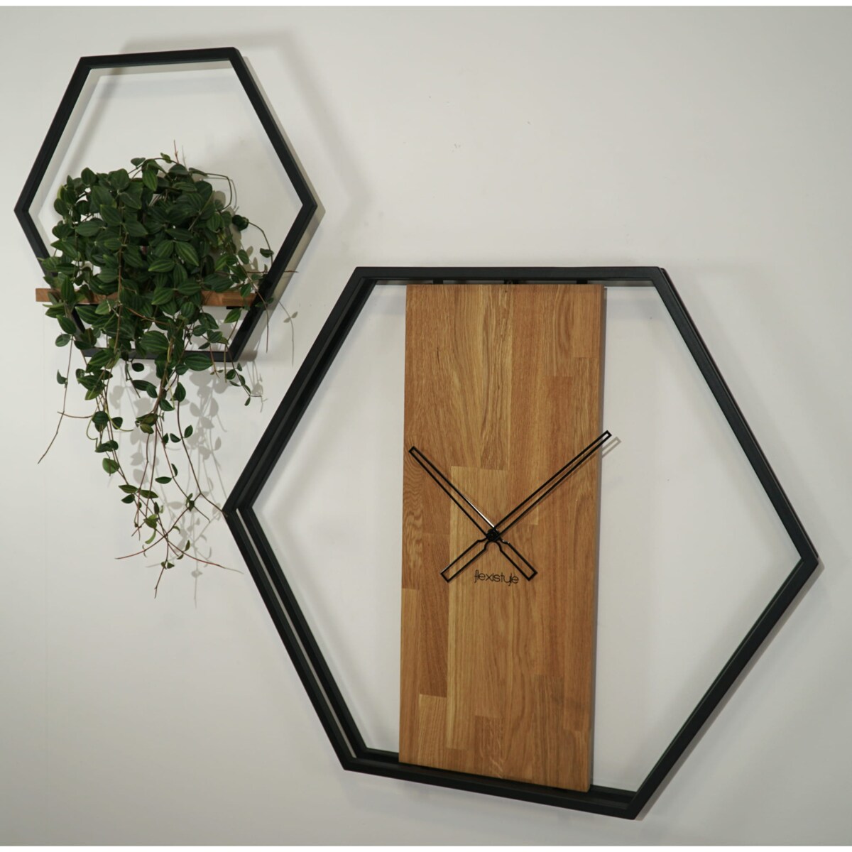 Zegar ścienny drewniany do salonu LOFT HEXAGON 80cm