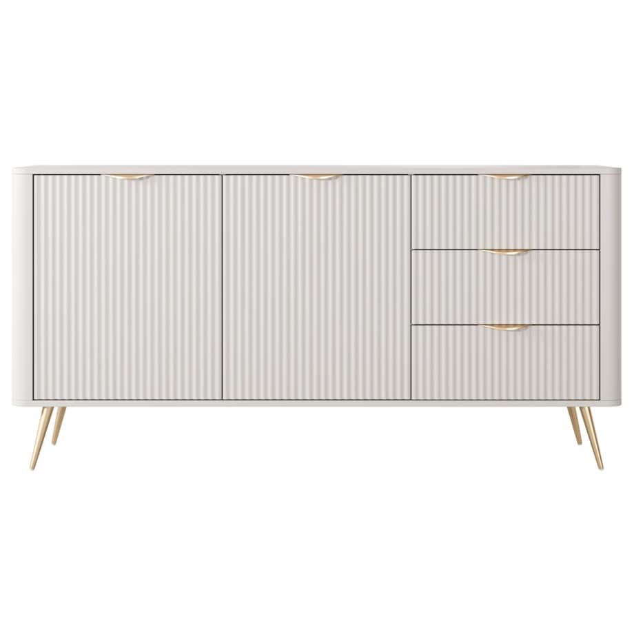 Komoda nowoczesna 2D3S LENA ryflowana w kolorze beżowym na złotych nóżkach