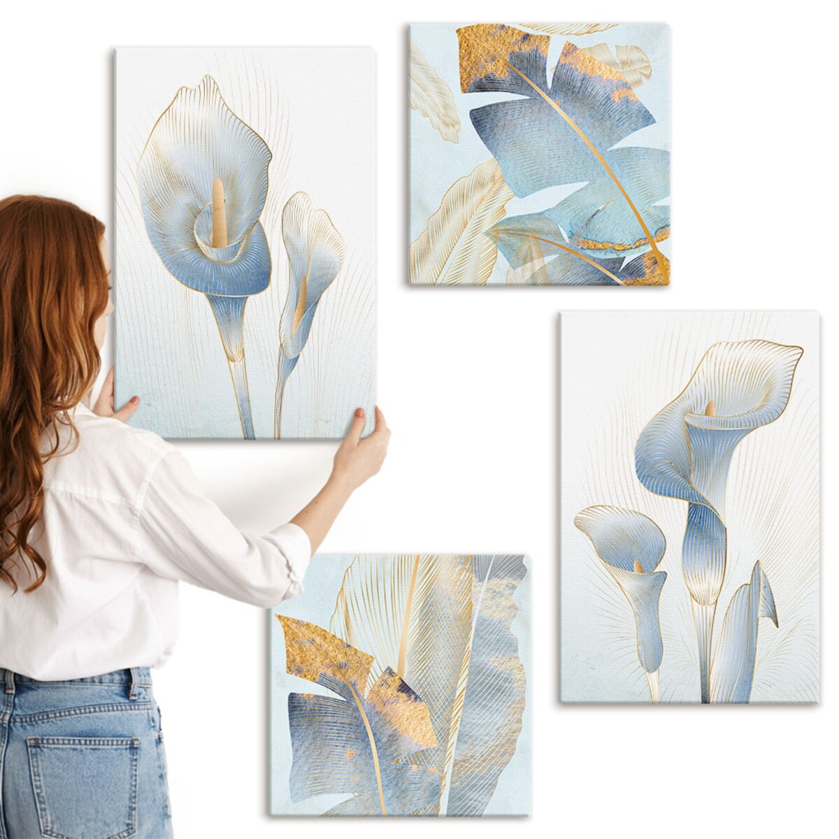Zestaw 4 obrazów na płótnie - Błękitne kwiaty na tle glamour - niebieski