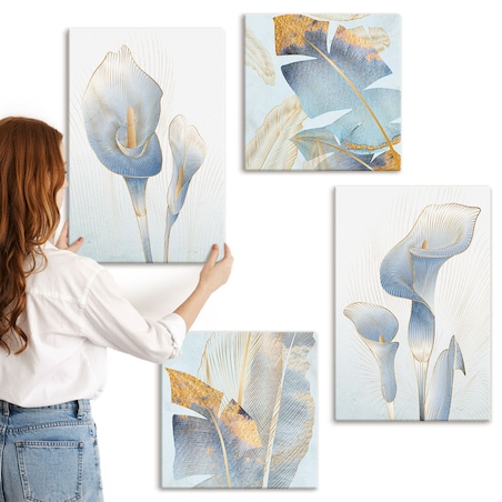 Zestaw 4 obrazów na płótnie - Błękitne kwiaty na tle glamour - niebieski