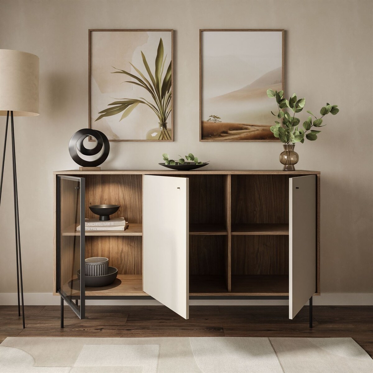 Trzydrzwiowa komoda ISA 3D z oświetleniem LED, glina + columella