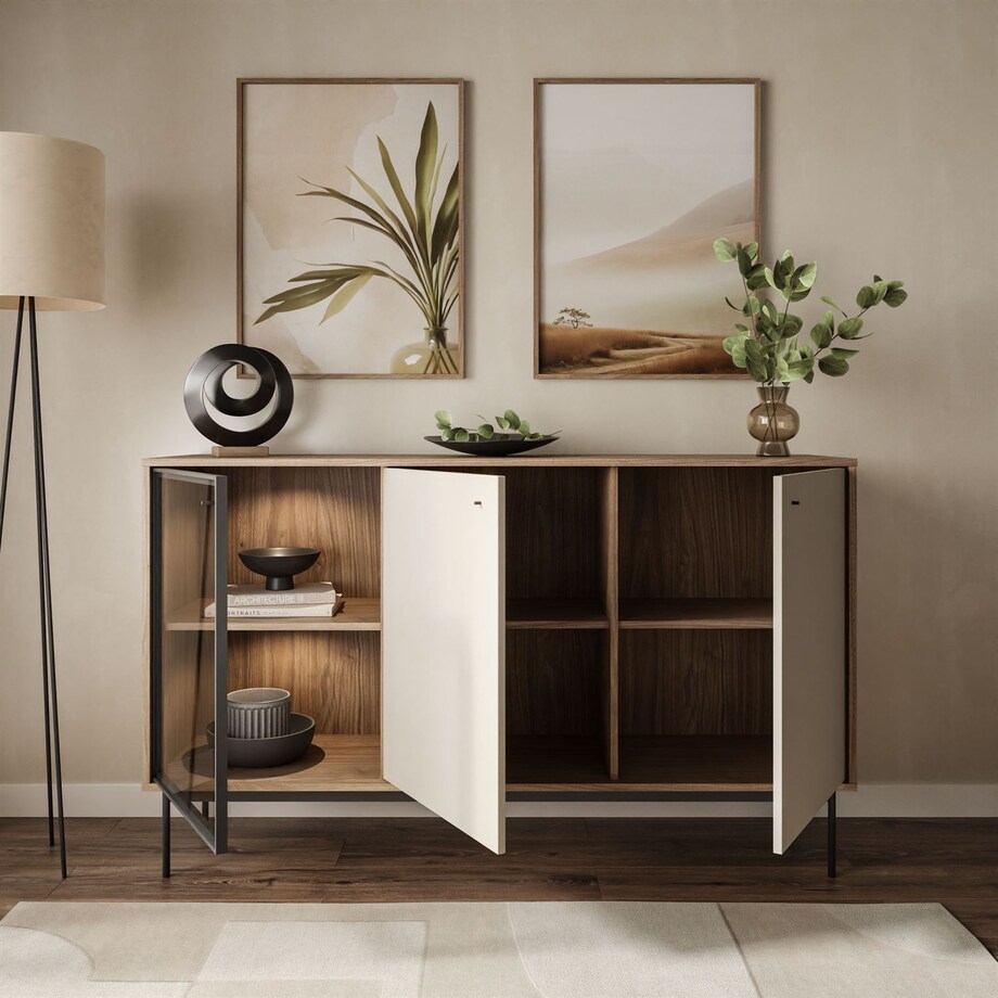 Trzydrzwiowa komoda ISA 3D z oświetleniem LED, glina + columella