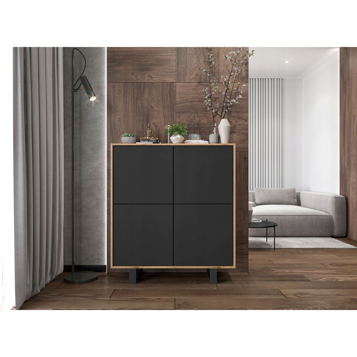 Industrialna Komoda Loft Szafka RTV Dąb Wotan Czarny MAT 113 cm