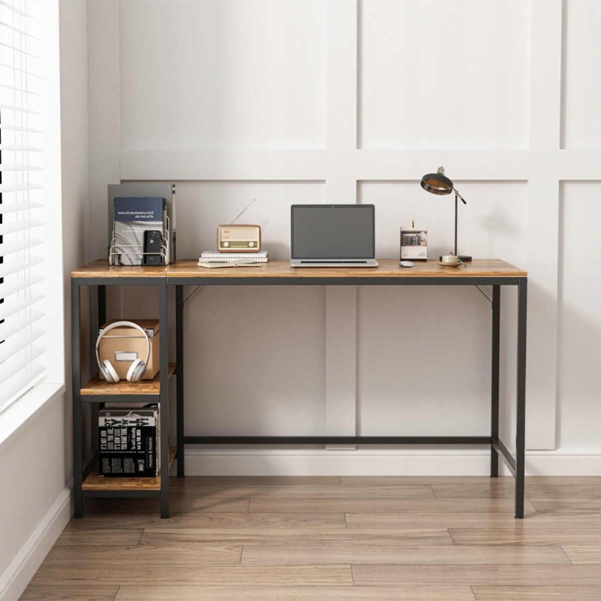 Biurko Komputerowe Stolik Vintage Rustykalny Brąz Loft Z 2 Półkami 140 Cm