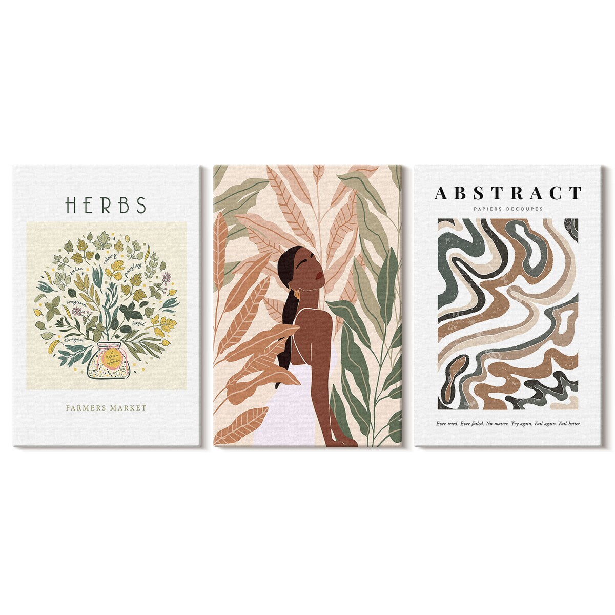 Zestaw 3 dużych obrazów na płótnie - Boho pastelowe plakaty minimalistyczne boho - beżowy