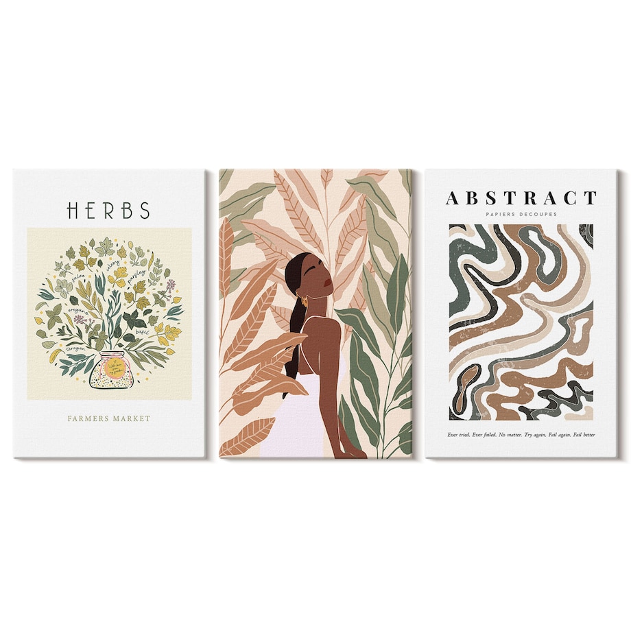 Zestaw 3 dużych obrazów na płótnie - Boho pastelowe plakaty minimalistyczne boho - beżowy