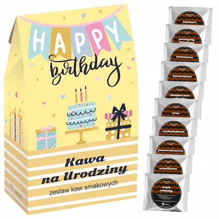 ZESTAW BOX UPOMINKOWY PREZENTOWY NA 20 30 40 50 60 URODZINY DLA KOBIETY FACETA NIEJ NIEGO - 10 RÓŻNYCH SMAKÓW KAW DESEROWYCH ARABICA MIELONYCH W SASZETKACH