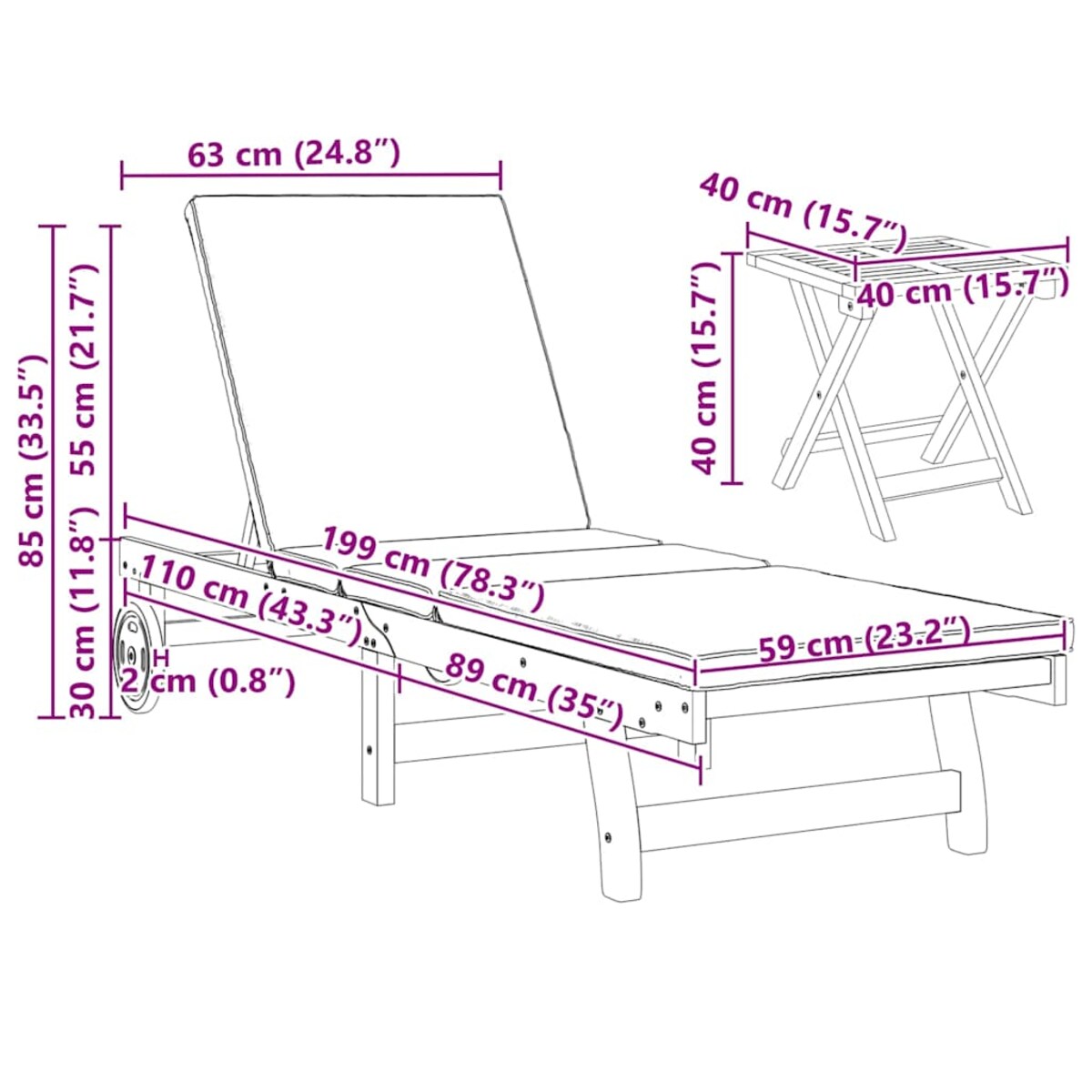 vidaXL Leżak 1-osoba 2 pcs Brązowy 40 x 40 x 40cm Lite drewno akacjowe