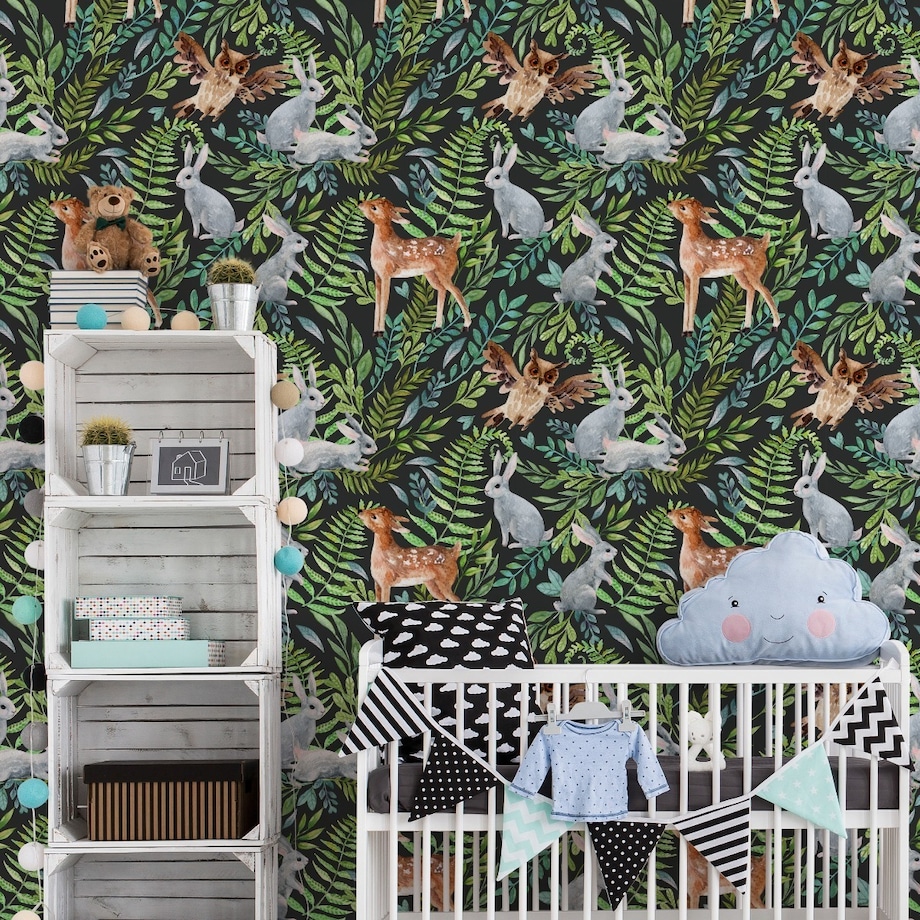 Tapeta Dla Dzieci Leśne Zwierzęta Zajączki Sarny Liście