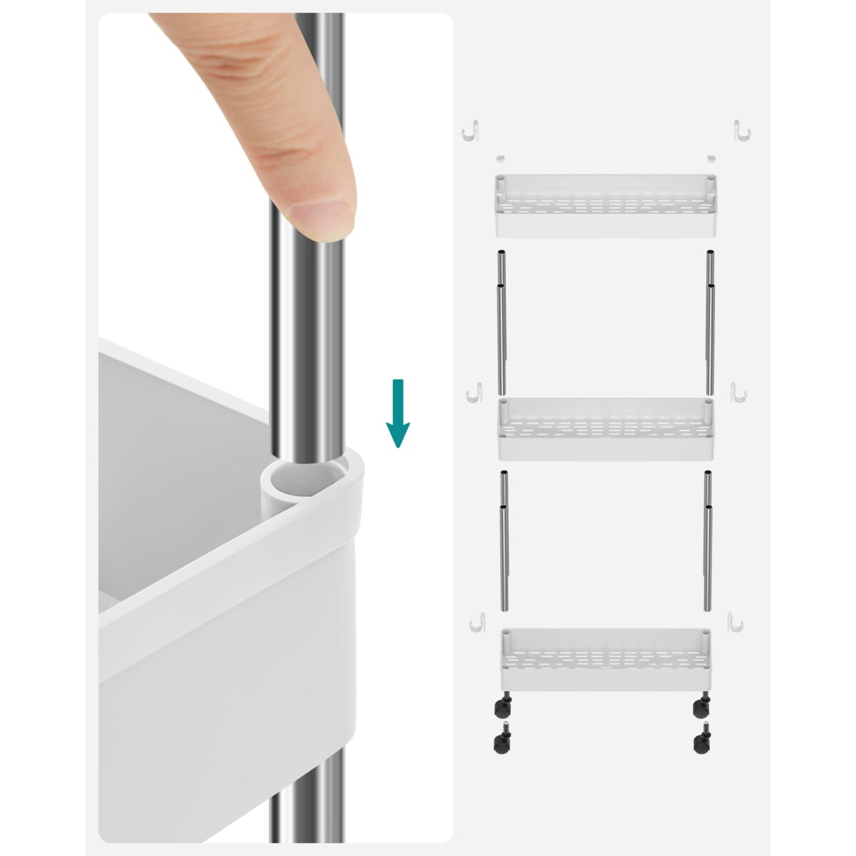 Szafka Na Kółkach 3 Półki Biała 40X13,5X60 Cm Biały, Srebrny
