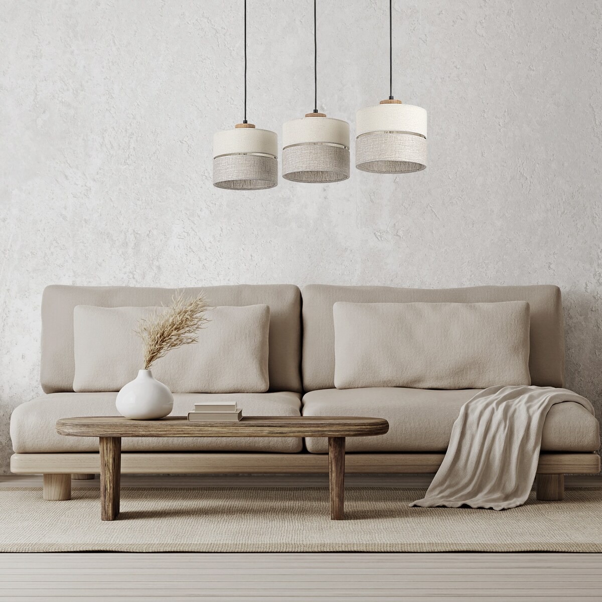 Lampa wisząca TK Lighting ECO 5771 3xE27 szaro-beżowa drewno metal abażur do salonu jadalni