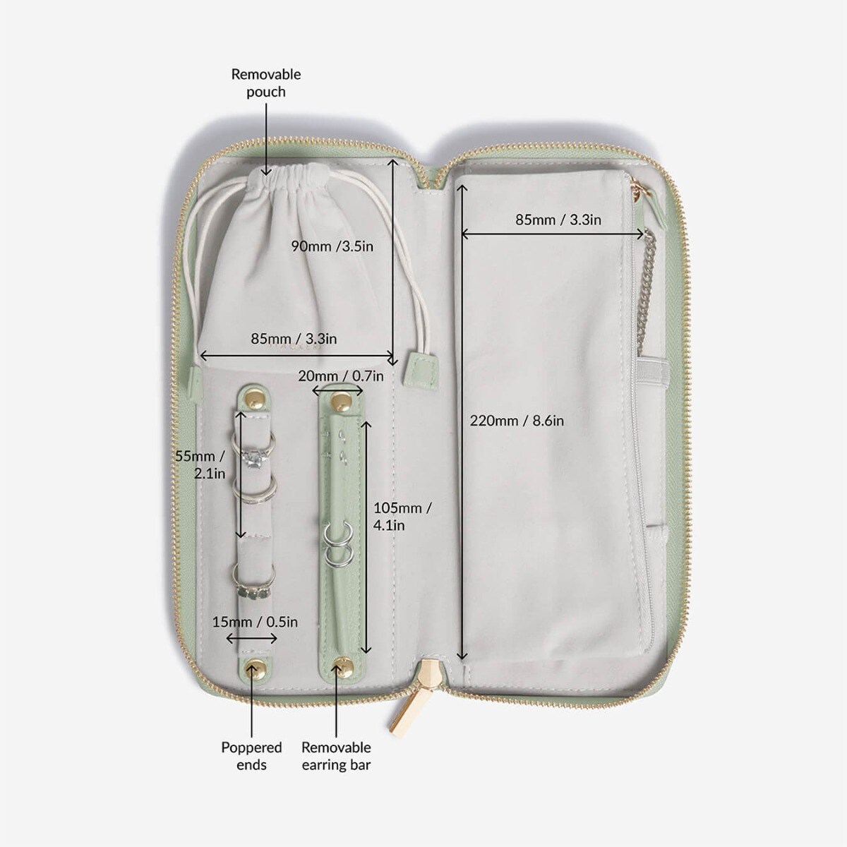 Pudełko podróżne na biżuterię z miejscem na pierścionki Stackers zieleń szałwiowa