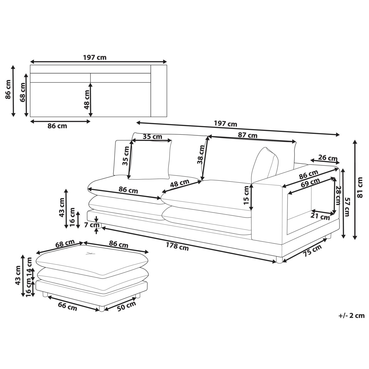 Sofa 2-osobowa z otomaną szara HEDEN