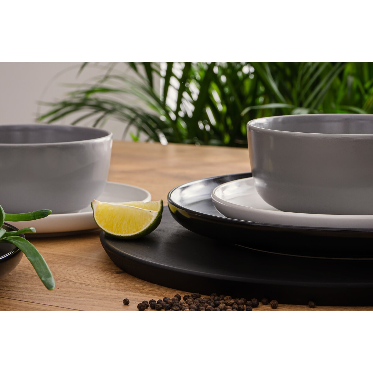 KONSIMO VICTO Zestaw obiadowy biały czarny szary 6-osobowy (18 elementów)