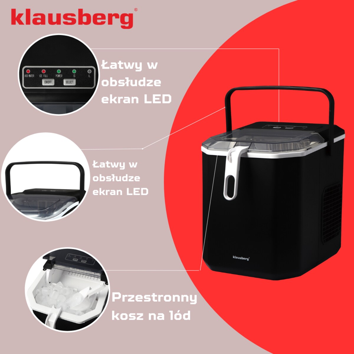 Kostkarka do lodu automatyczna 1.2L 0.6kg 100W LED KLAUSBERG