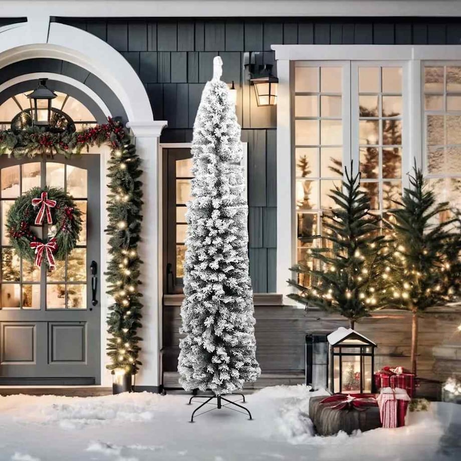 vidaXL Smukła, sztuczna choinka, zielona, ośnieżona, 210 cm, PVC