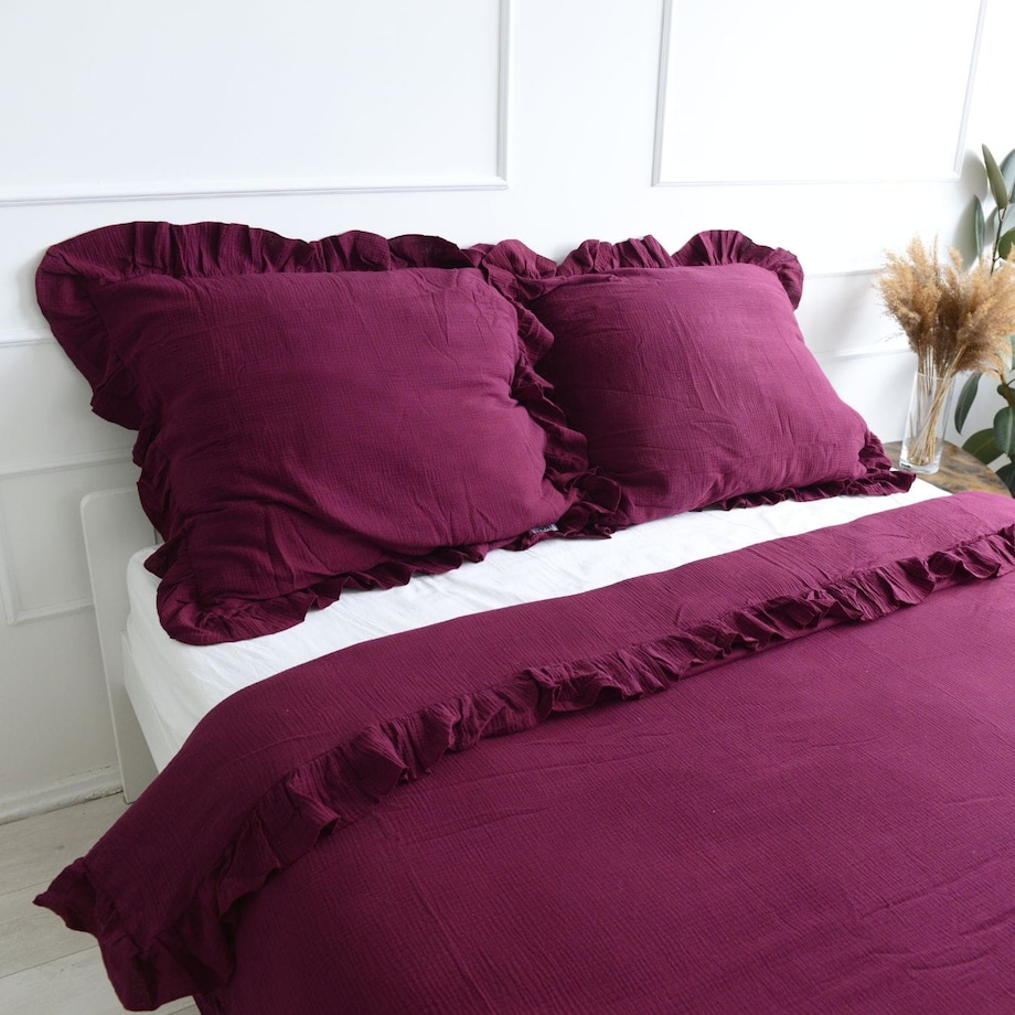 Pościel Muślinowa Z Falbanką Komplet Zestaw Do Sypialni Bordowa Dziecięca 140X200 Cm + Poduszka 70X80 Cm