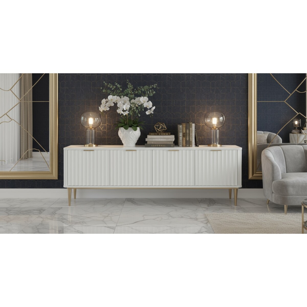 Ryflowana szafka RTV złota Livino Glamour Premium 200x40x55