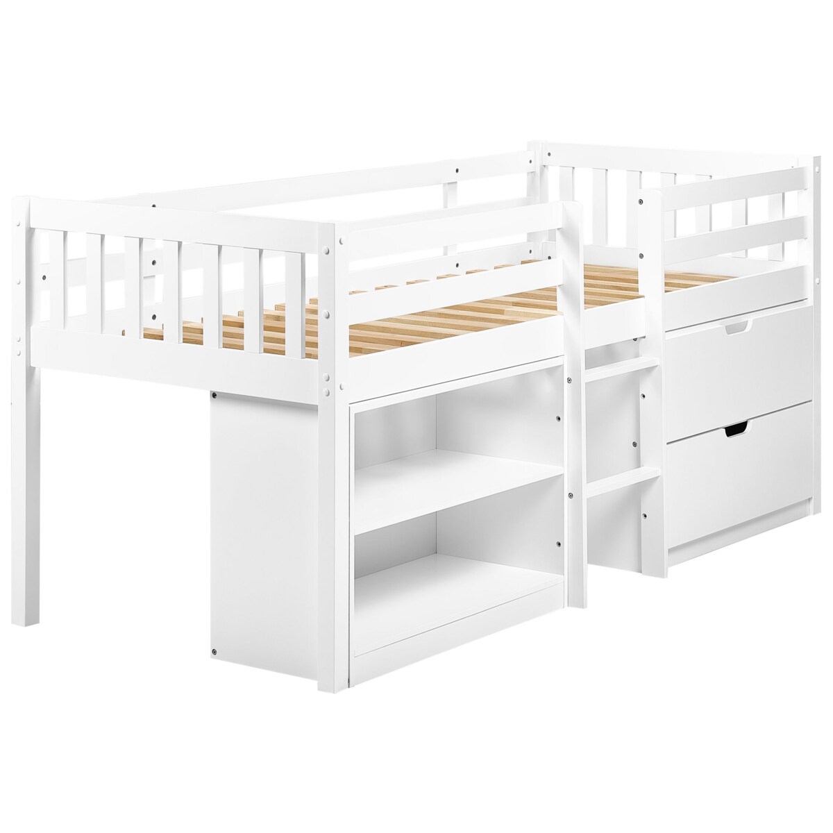 Łóżko dziecięce na podwyższeniu z szufladami drewniane 90 x 200 cm białe SUSVILLE