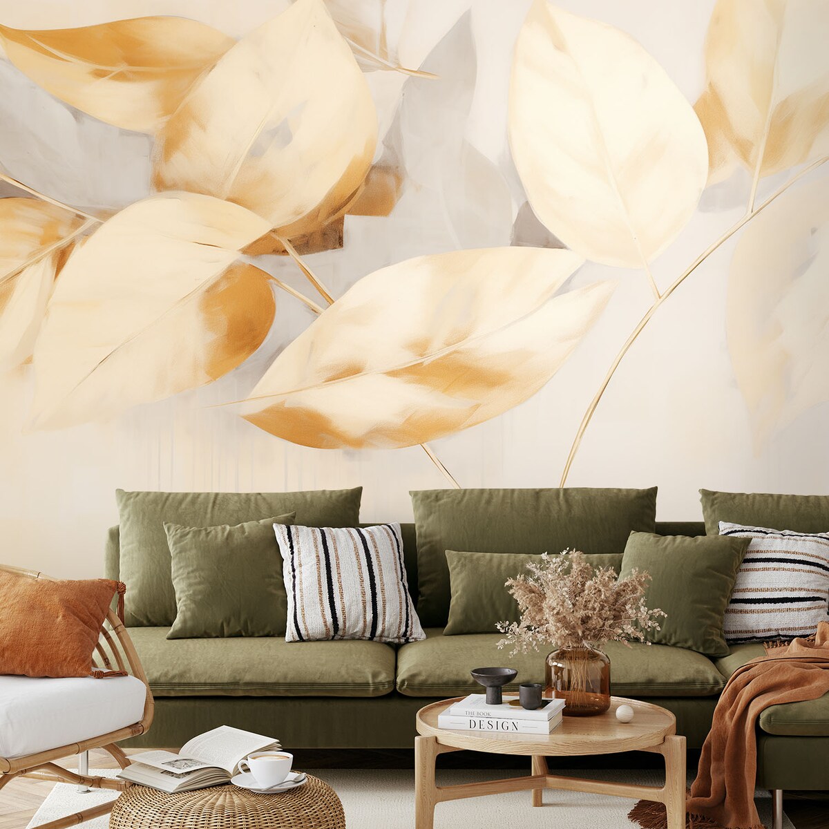 Fototapeta, Beżowo żółte liście gałązki scandi boho 400x280