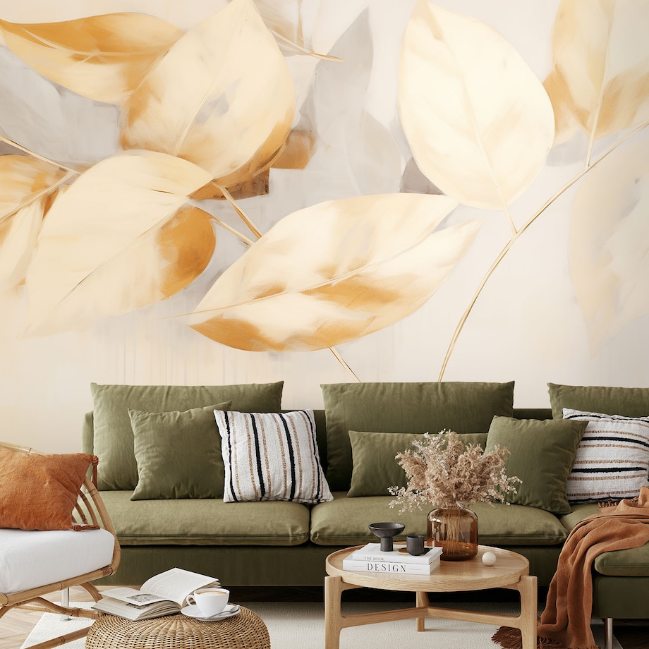 Fototapeta, Beżowo żółte liście gałązki scandi boho 400x280