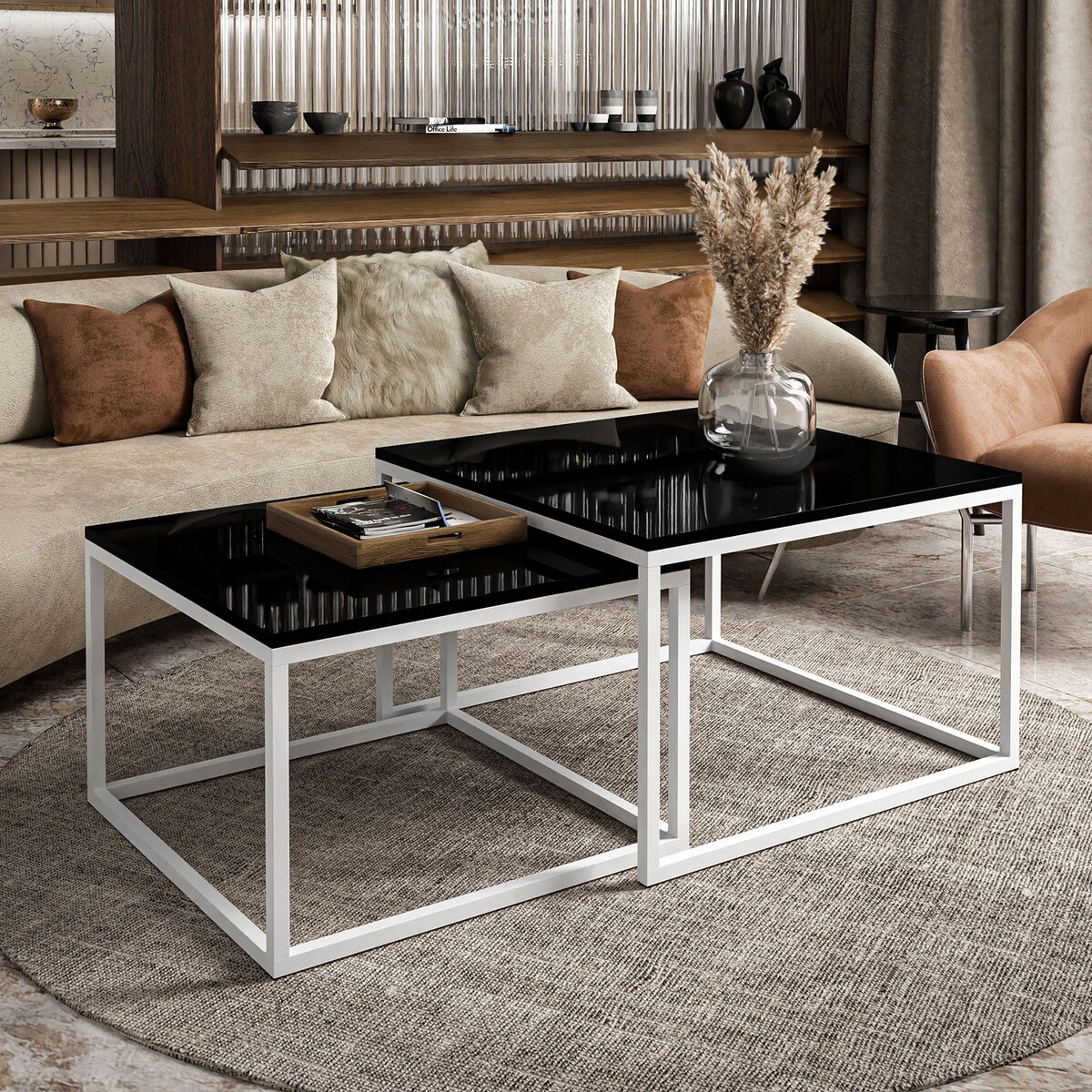 Stolik kawowy ława YOSHI 2w1 czarny biały połysk 36/42 cm