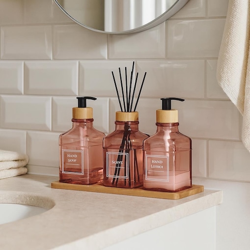 Zestaw łazienkowy z tacką i dyfuzorem 340 ml 15x7x7 cm OLER różowy