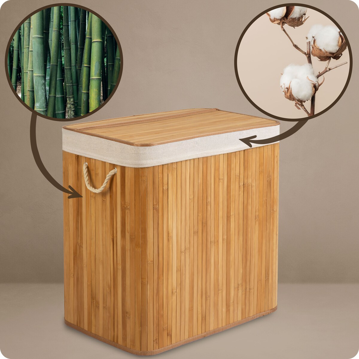 Massido, bambusowy kosz na pranie z pokrywą 150l, naturalny beżowy trzykomorowy 61x62x42 cm