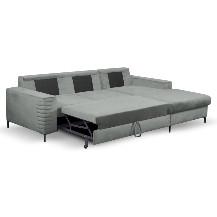 Narożnik rozkładany z zagłówkiem i pojemnikiem OLI, prawostronny, szary