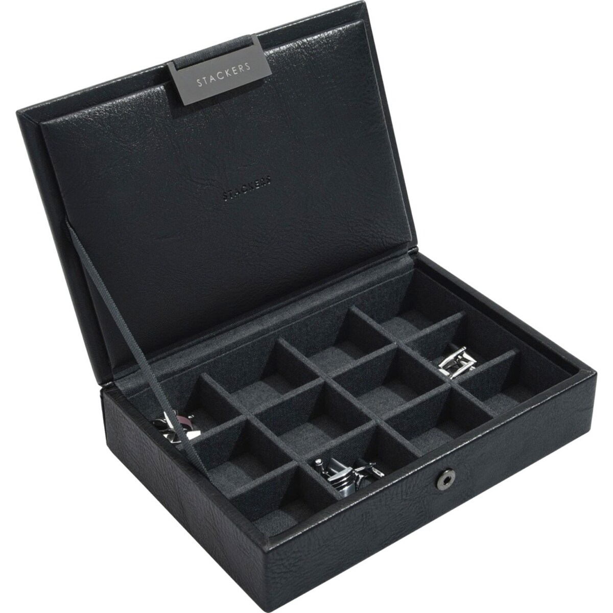 Pudełko na spinki z pokrywką mini 12 komorowe Stackers czarne