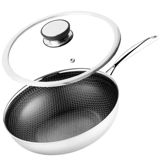 Profesjonalna patelnia Mitsu Wok 30 cm z pokrywką Plaster miodu Na indukcje Na gaz Nierdzewna
