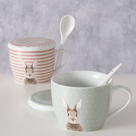 Kubek z pokrywką i z łyżeczką FLUFFY, porcelanowy, zajączek, 600 ml
